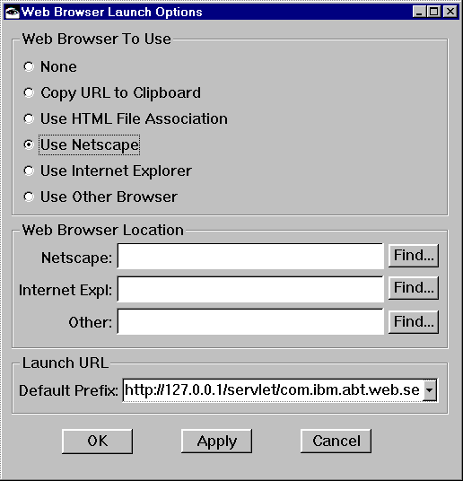 Web browser launch options window Web browser launch options window